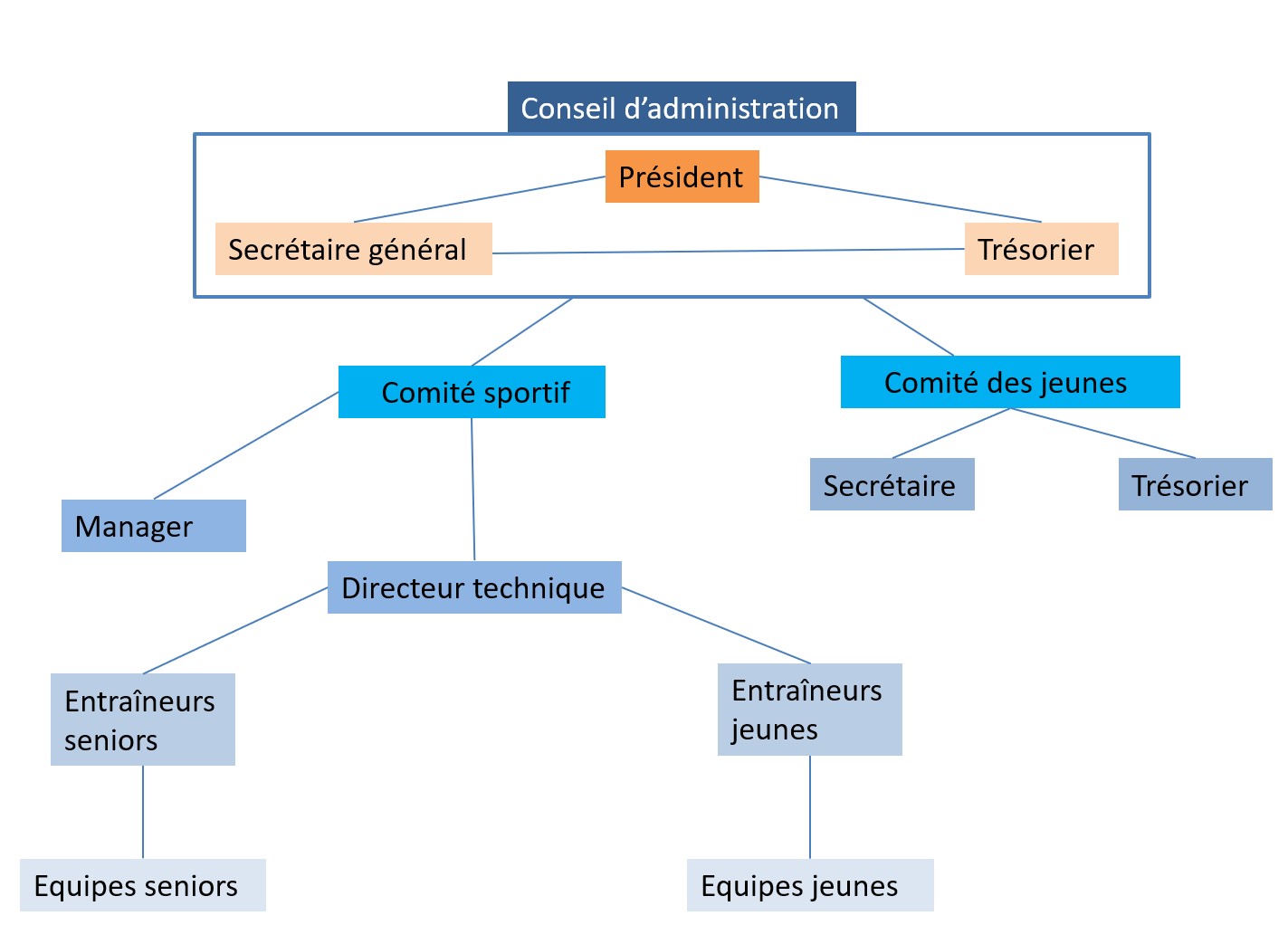 Organigramme du club : conseil d’administration (président, secrétaire général, trésorier), comité sportif (manager, directeur technique, entraîneurs seniors et jeunes) et comité des jeunes (secrétaire, trésorier)